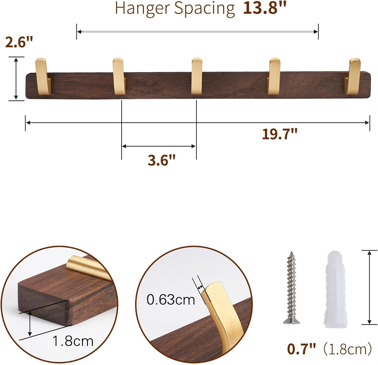 SARIHOSY 5-Hook Wall-Mounted Coat Hooks with Gold Zinc Alloy Coat Hook Walnut