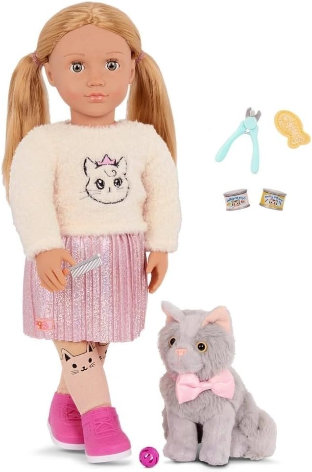 18-Inch Doll with Plush Kitten Pink Outfit Hair Accessories Set