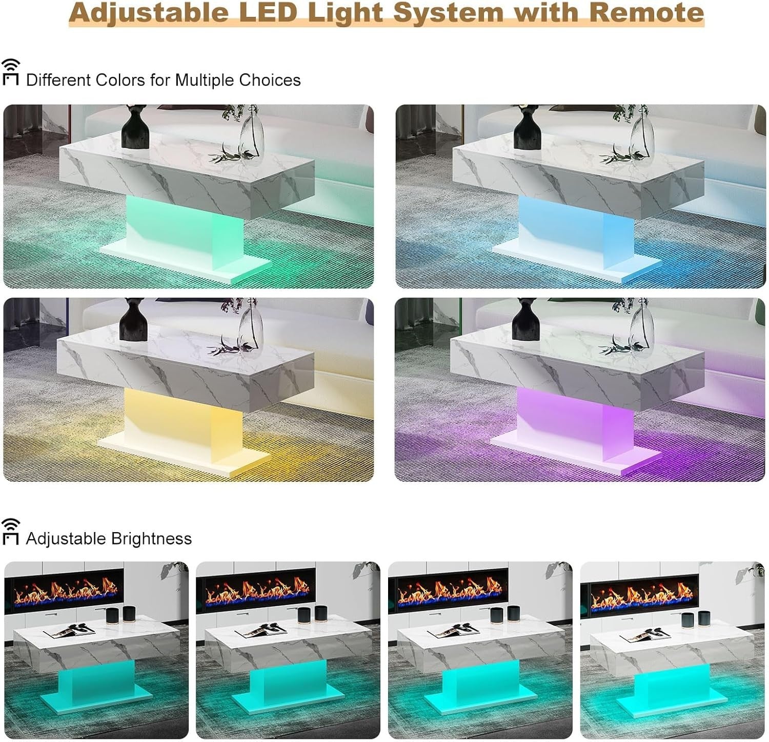 White Marble LED Coffee Table, High Gloss Rectangular 110x55cm