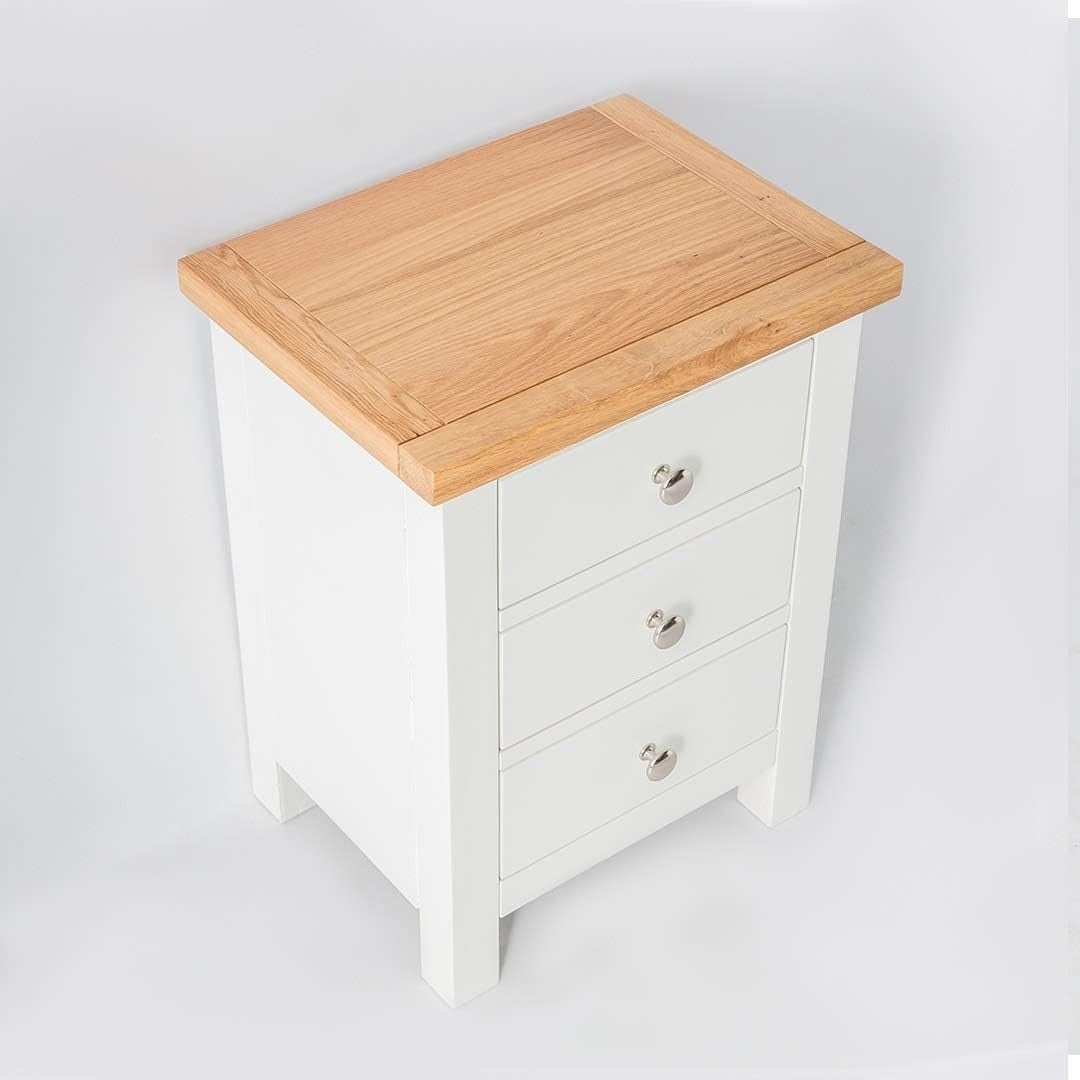 White 3 Drawer Bedside Table with Oak Top | Solid Wood Storage Unit