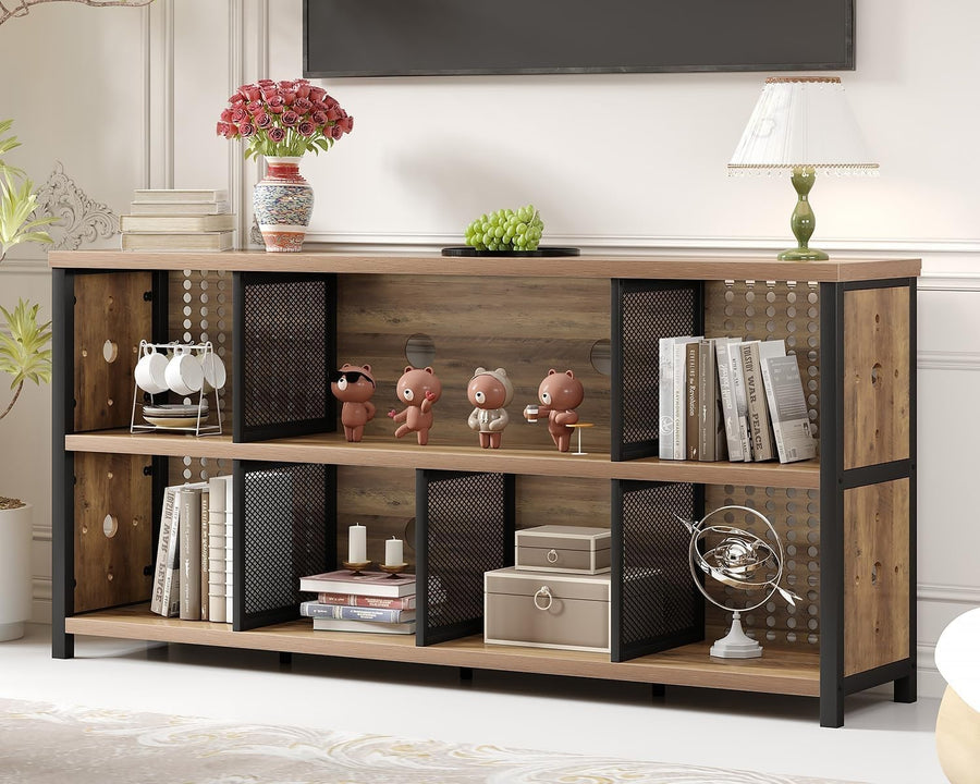 Rustic Oak 8 Cube Wooden Bookcase Storage Cabinet Industrial Style 160x34x76cm