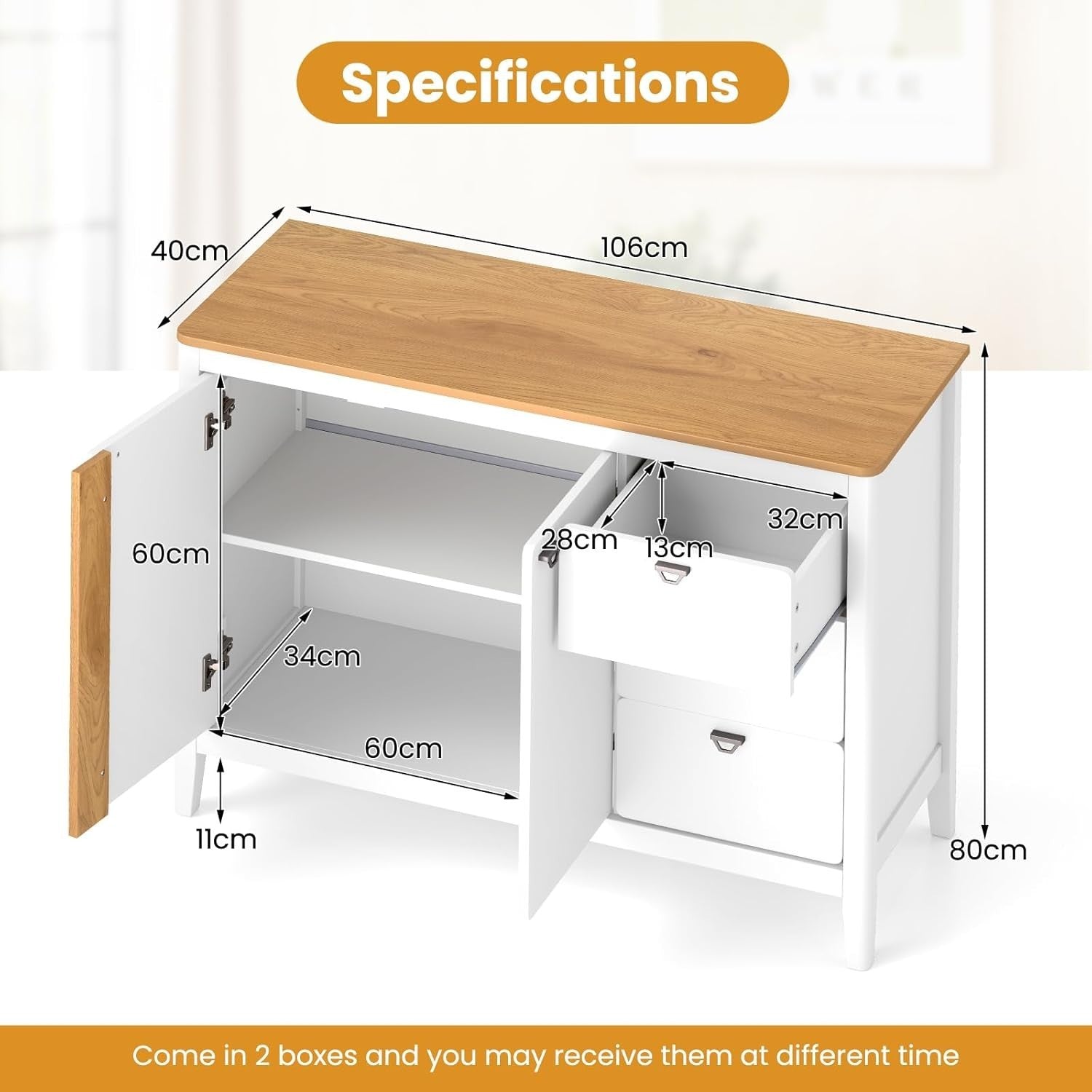 Adjustable Wooden Sideboard Cabinet with 3 Drawers & Large Storage Space