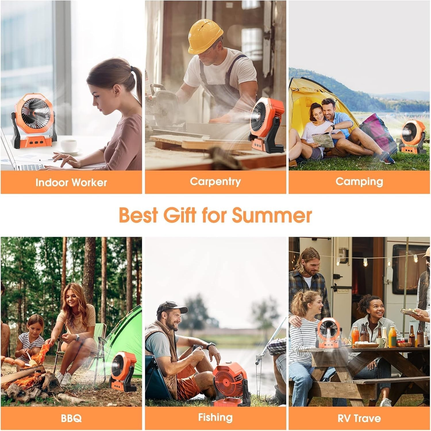Orange 8" Portable Misting Fan – 10000mAh Rechargeable Cooling Fan w/ LED Light