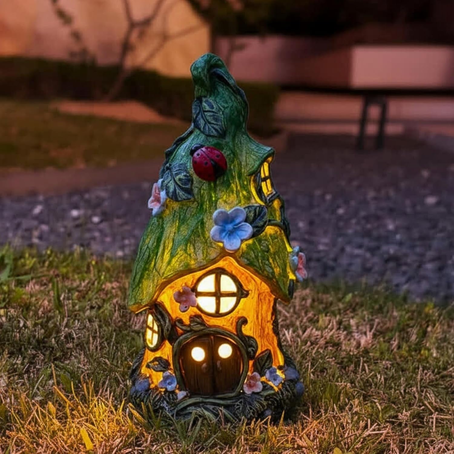 Solar Fairy House Garden Ornament 22cm | LED Light Resin Pixie Home Decor