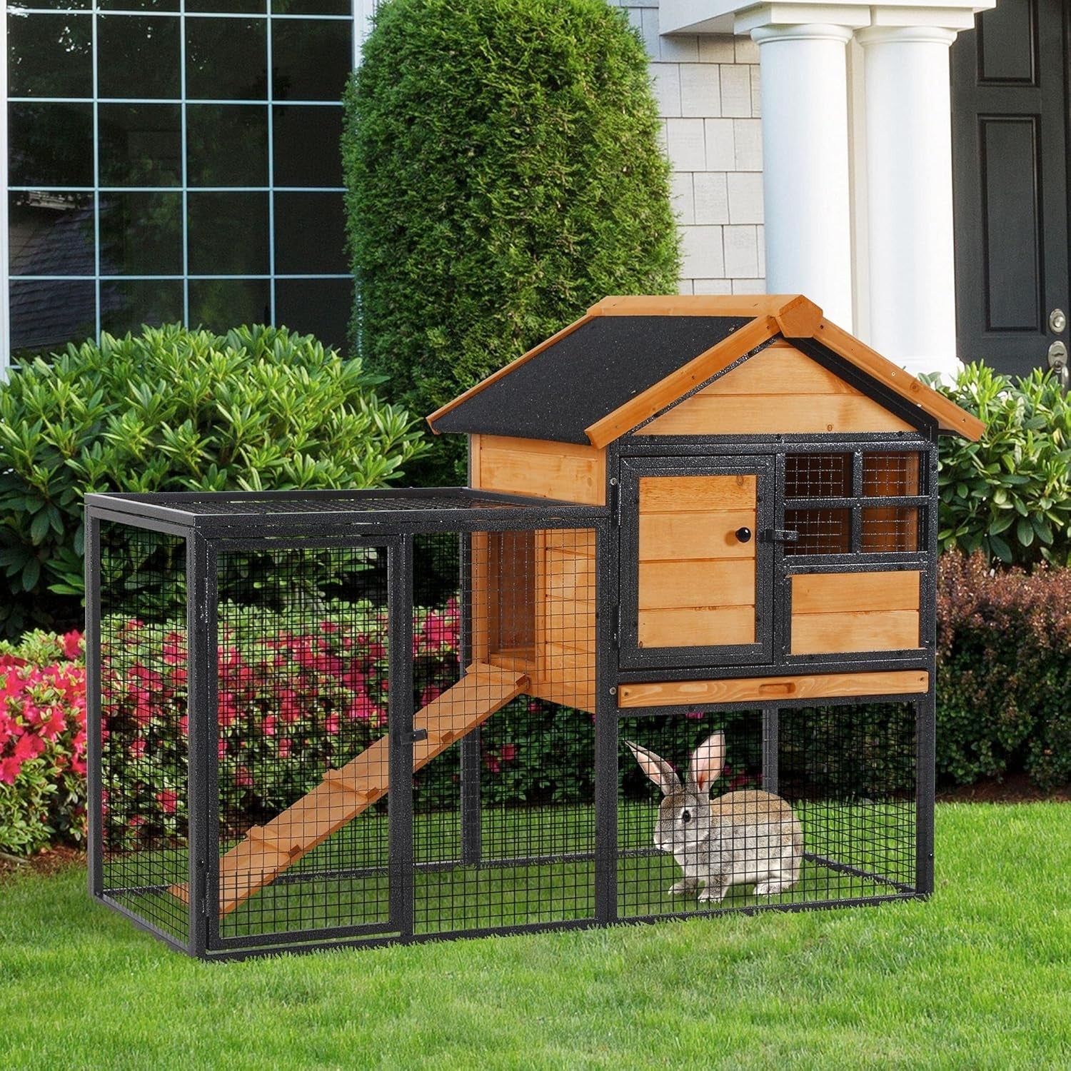 Outdoor Rabbit Hutch with Run Wooden Metal Cage Elevated Guinea Pig House