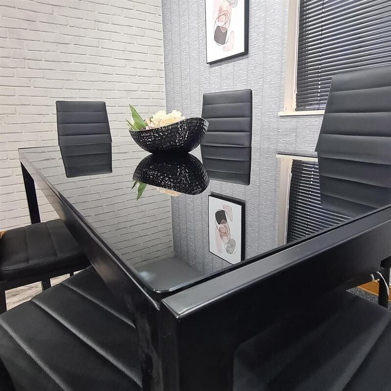 Black Glass Dining Table Set with 6 Leather Chairs Modern 6 Seater 134cm