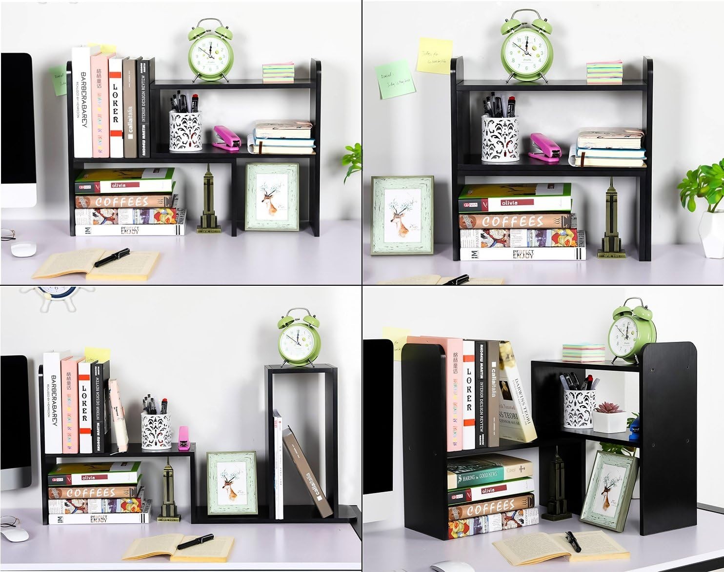 Adjustable 2-Tier Black Wood Desk Bookshelf - Space-Saving Organizer