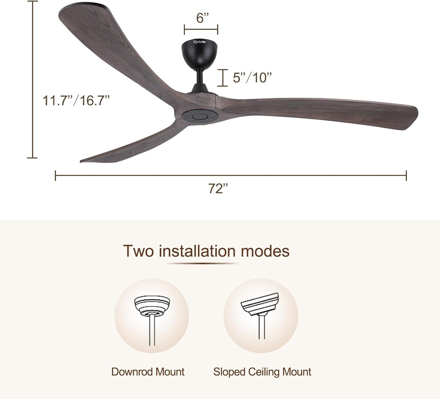 Ovlaim 183CM Smart WiFi Ceiling Fan, 3 Gray Wood Blades, Remote, App