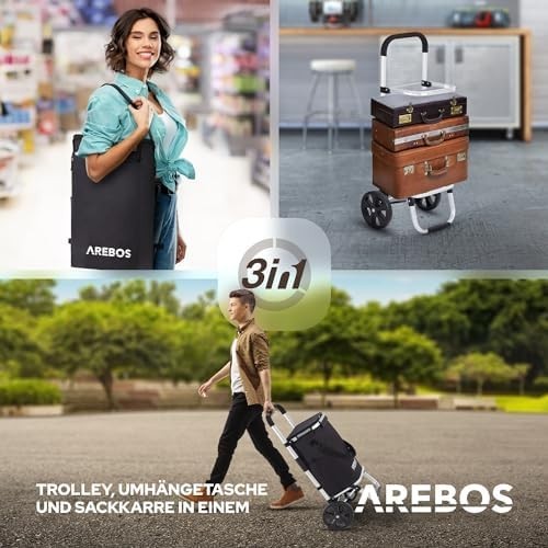 3-in-1 Folding Shopping Trolley 56L Cooler Bag Wheels Black