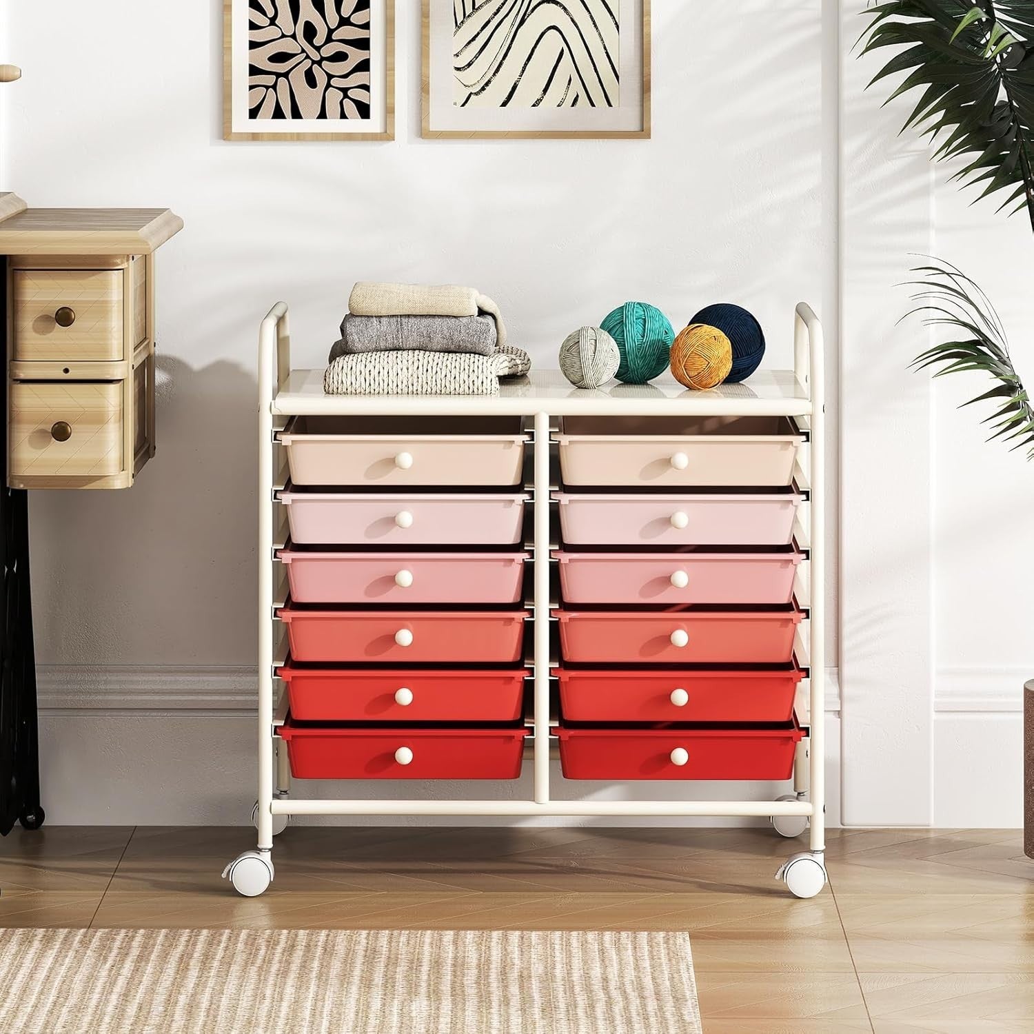 12 Drawer Rolling Storage Cart Pink Utility Trolley Organizer Wheels