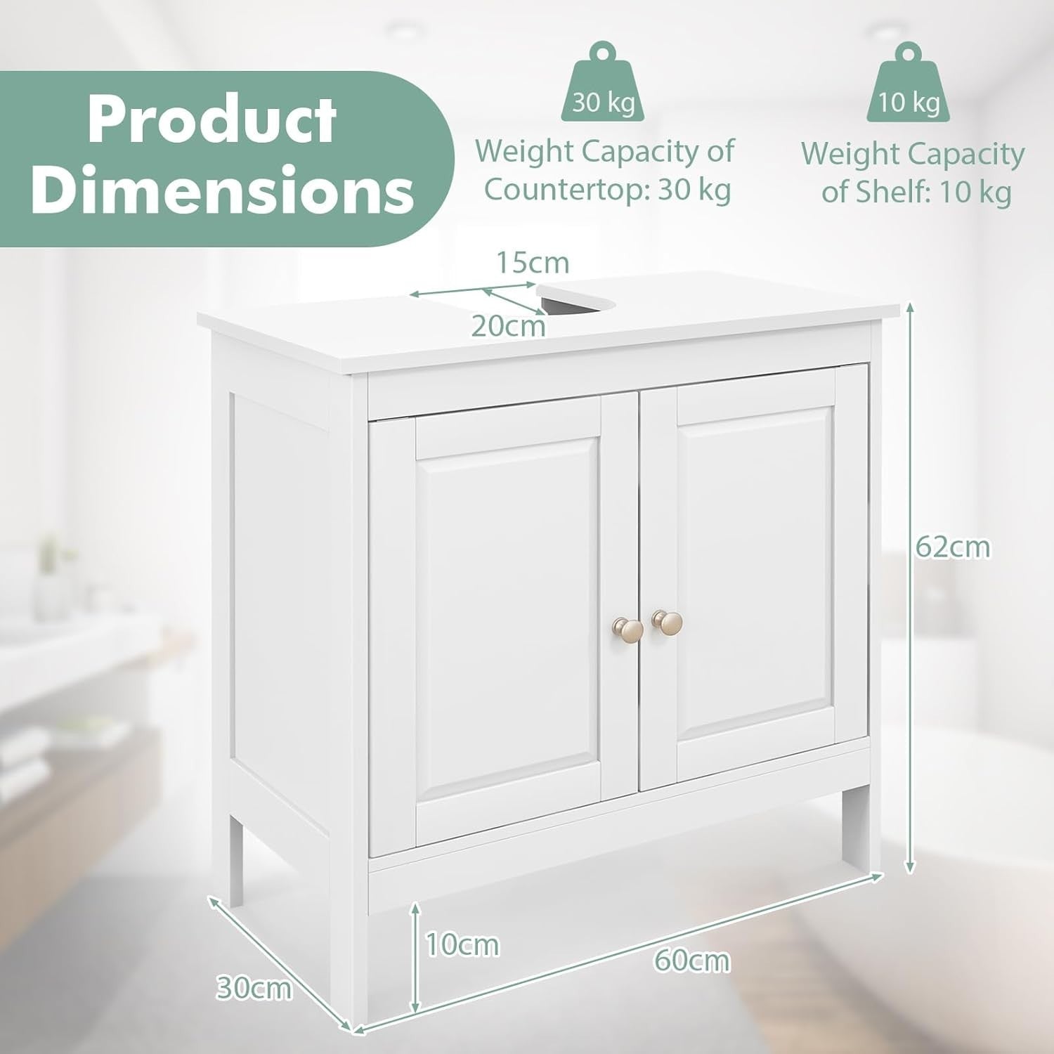 Under Sink Bathroom Cabinet 2 Door Storage Cupboard 60x30x62cm White