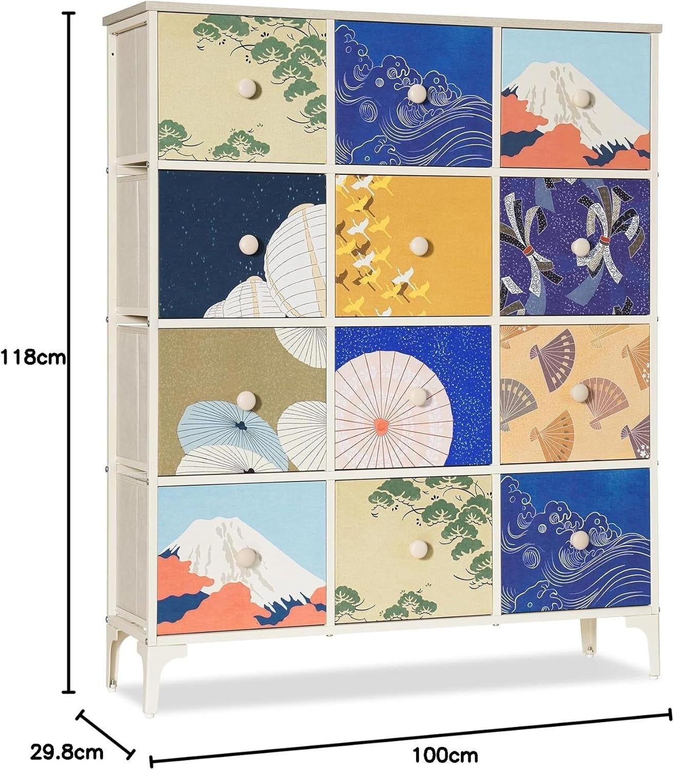 12 Drawer Asian Style Storage Chest, Tall Dresser with Metal Frame, Nursery