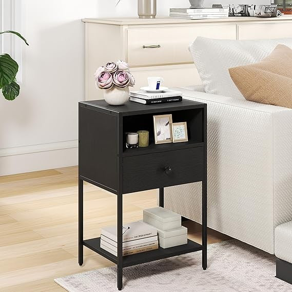 Industrial Bedside Table with Drawer & Shelf, Metal Frame Small Nightstand