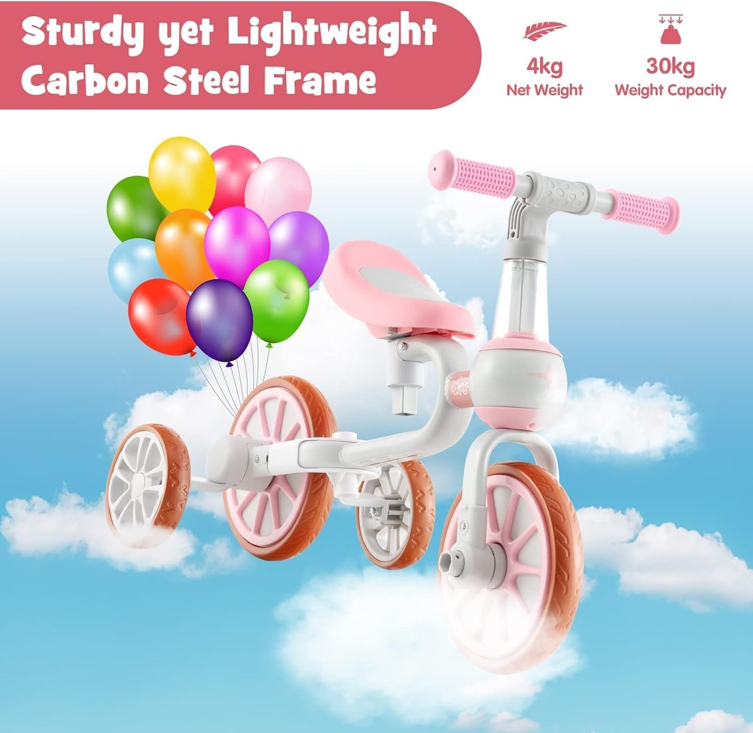 4 in 1 Kids Trike Balance Bike Push Tricycle Adjustable Handle Pink