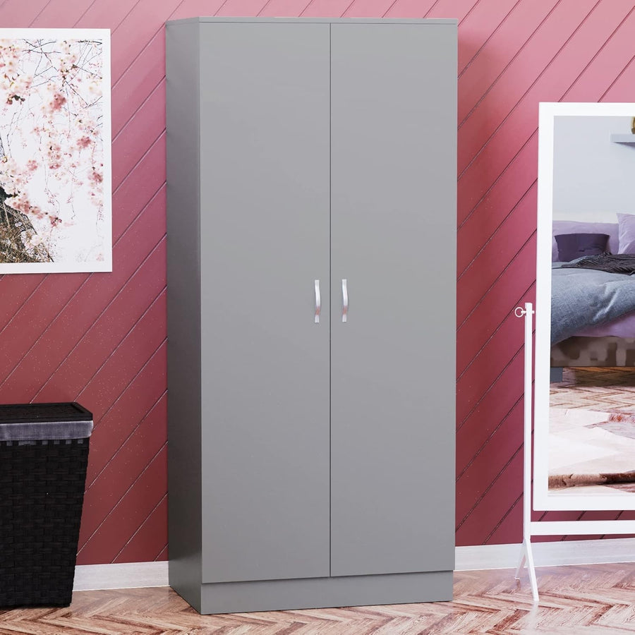 Grey 2 Door Wardrobe with Hanging Rail & Shelf, Modern Bedroom Storage