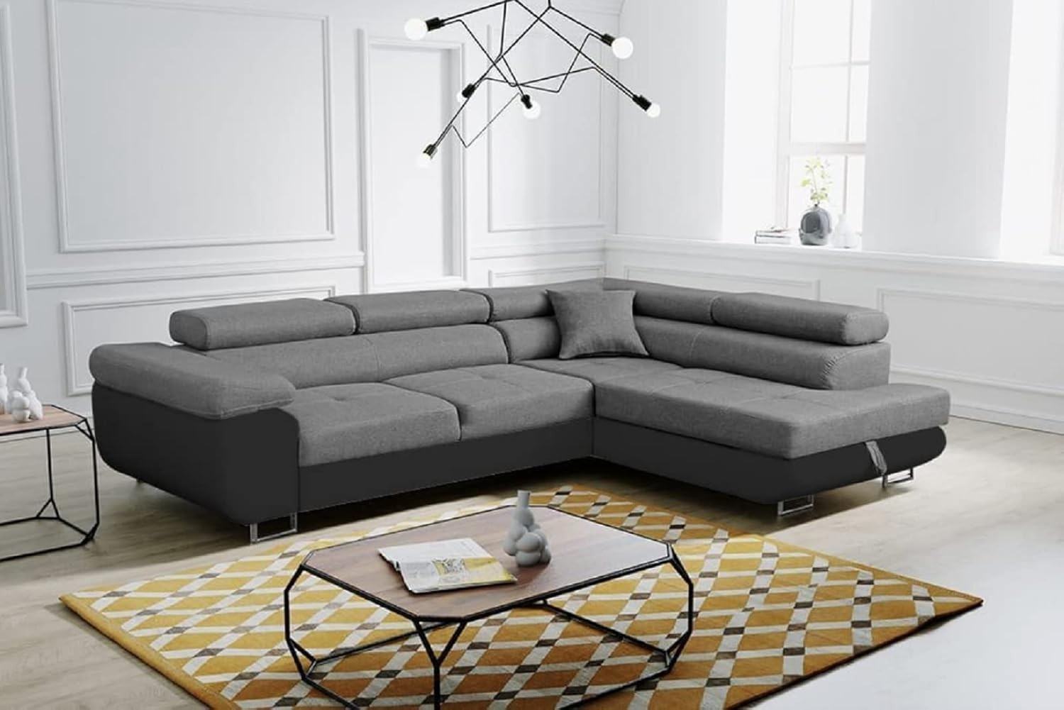 Corner Sofa Bed with Storage, Folding Double Bed, Modern Grey & Black Fabric