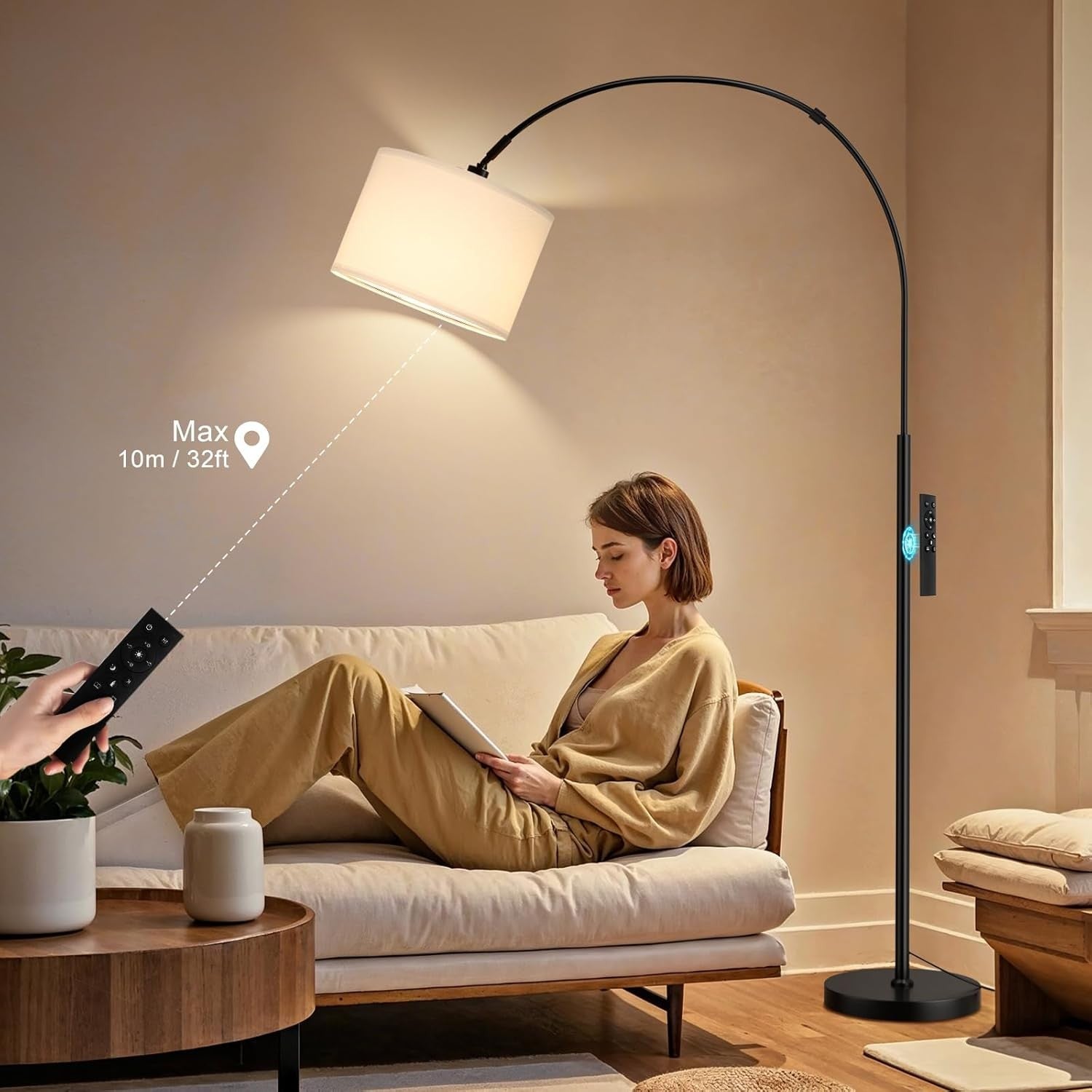Arc Floor Lamp Remote Dimmable Corner Standing Light Modern Tall