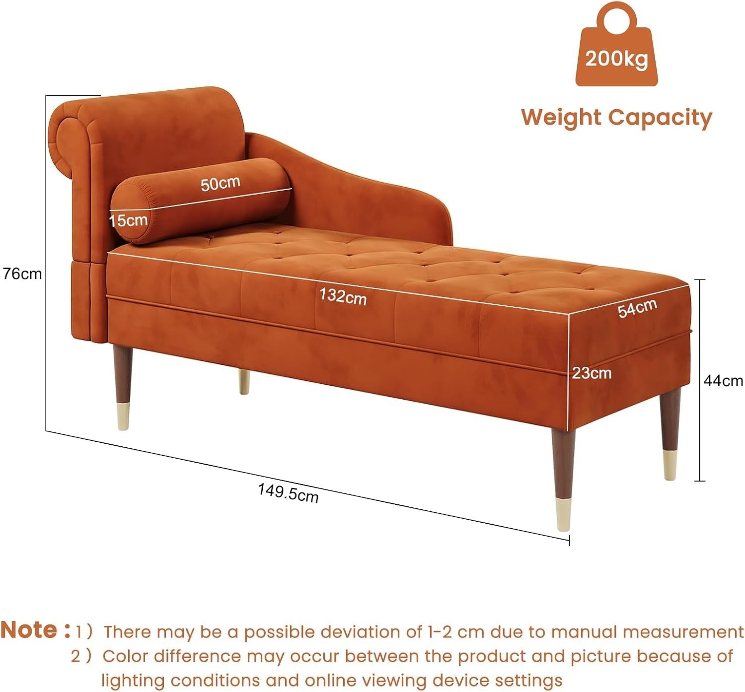 Orange Velvet Chaise Lounge Sofa Left Armrest + Pillow Compact & Stylish