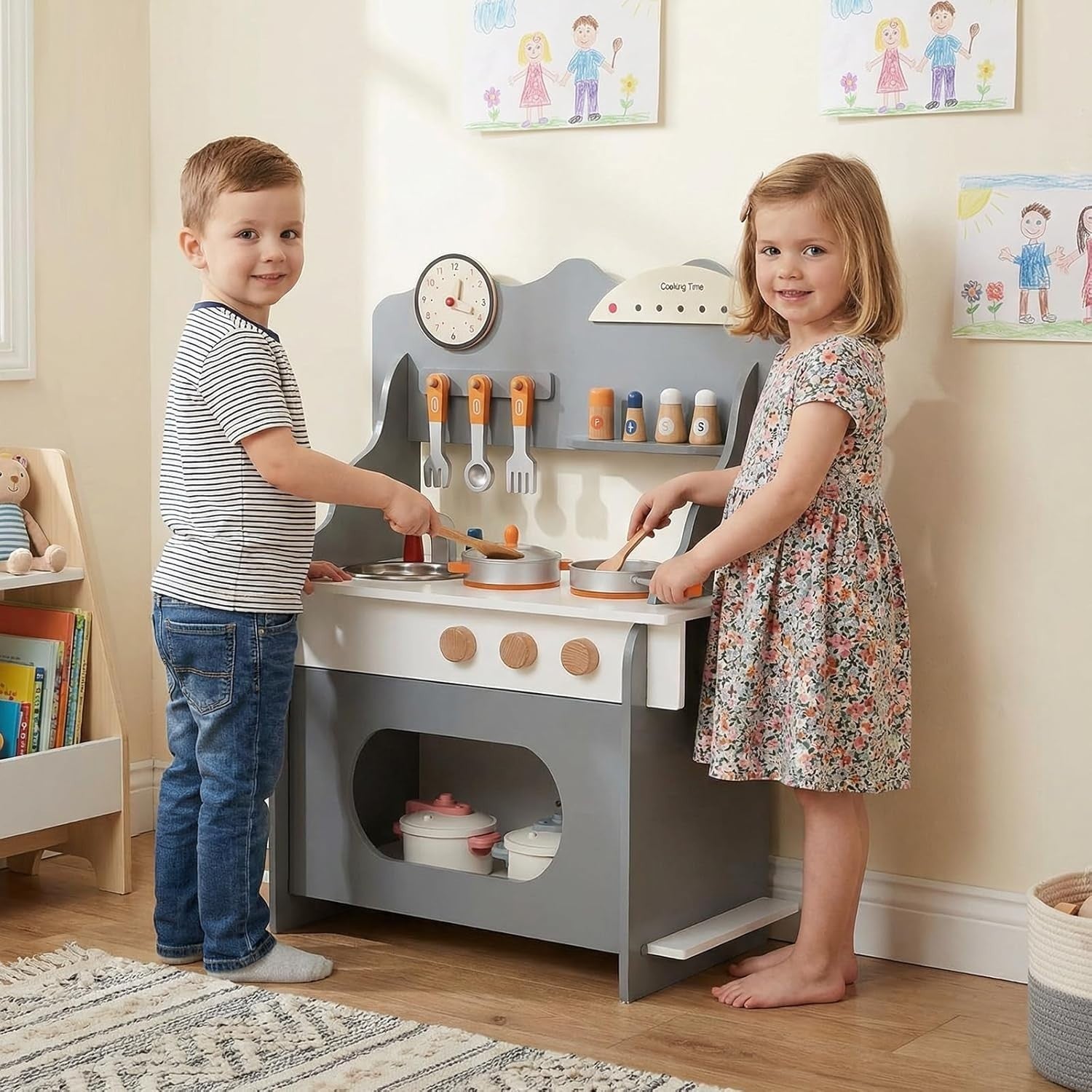 Wooden Kids Play Kitchen Grey Toy Set Stove Sink Oven Accessories