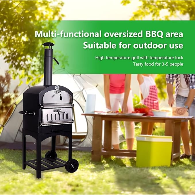 Wood Fired Outdoor Pizza Oven with Wheels | 12” Stainless Steel Brick Oven