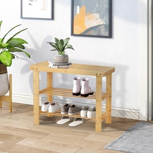 Natural Wooden Shoe Rack Bench 3 Tier Storage Shelf with Seat 58x27x45cm