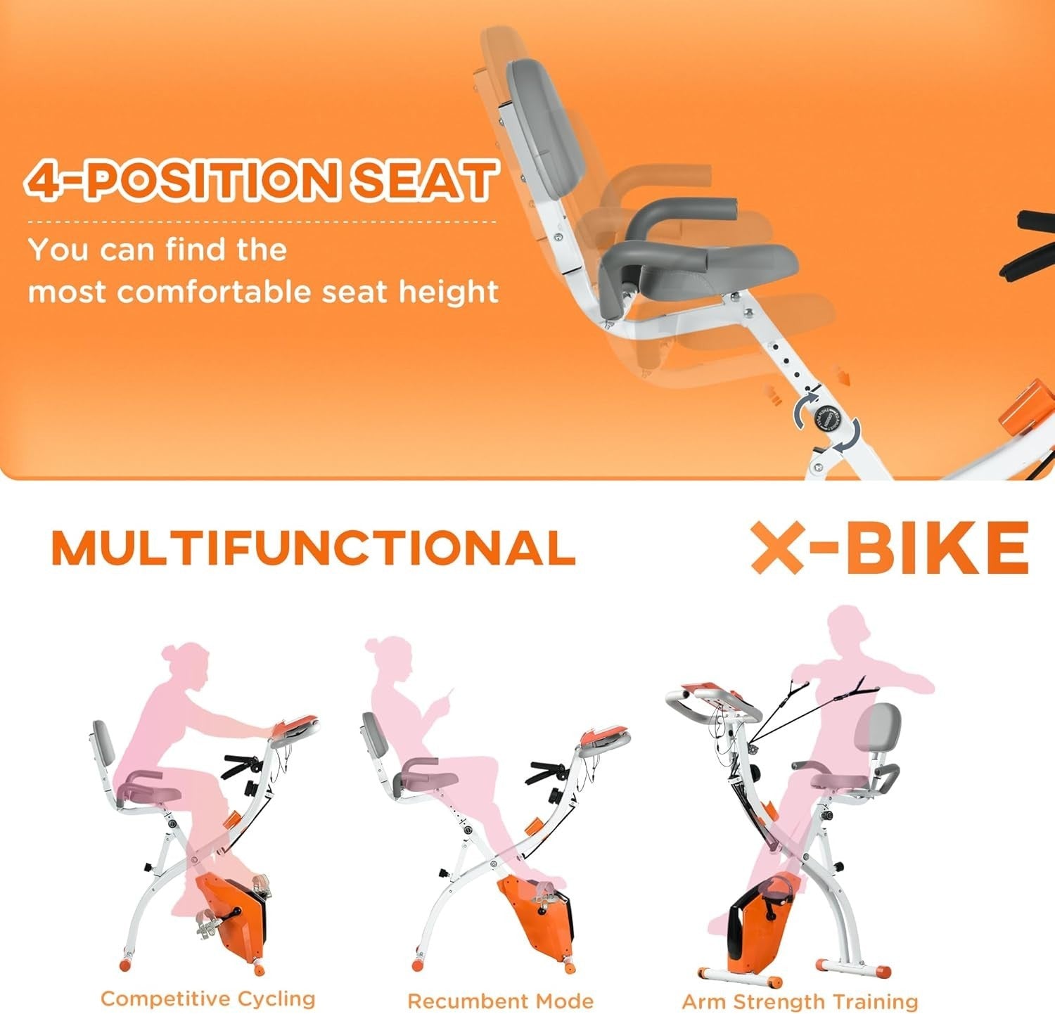 Orange 3-in-1 Folding Exercise Bike Magnetic Resistance LCD Pulse & Bands