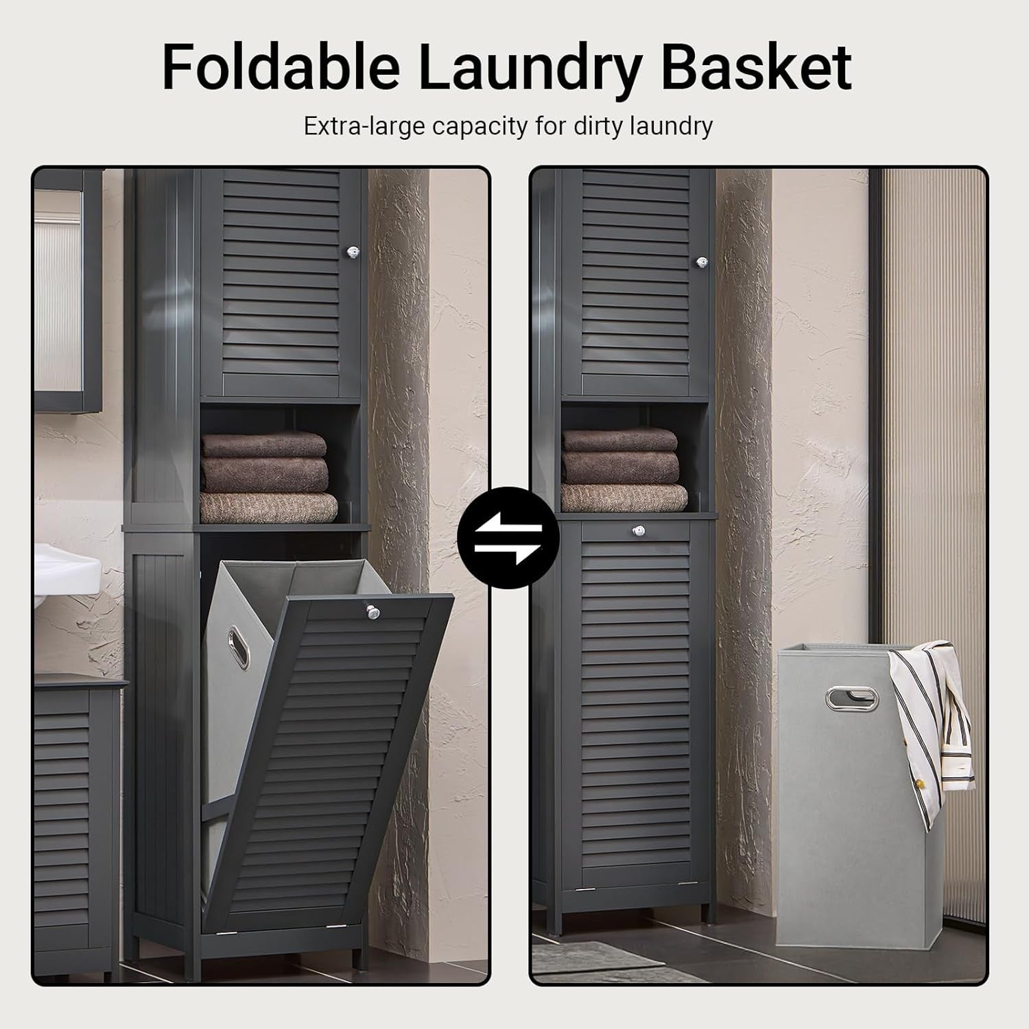 Tall Bathroom Storage Cabinet with Laundry Basket Slim Freestanding Unit Grey