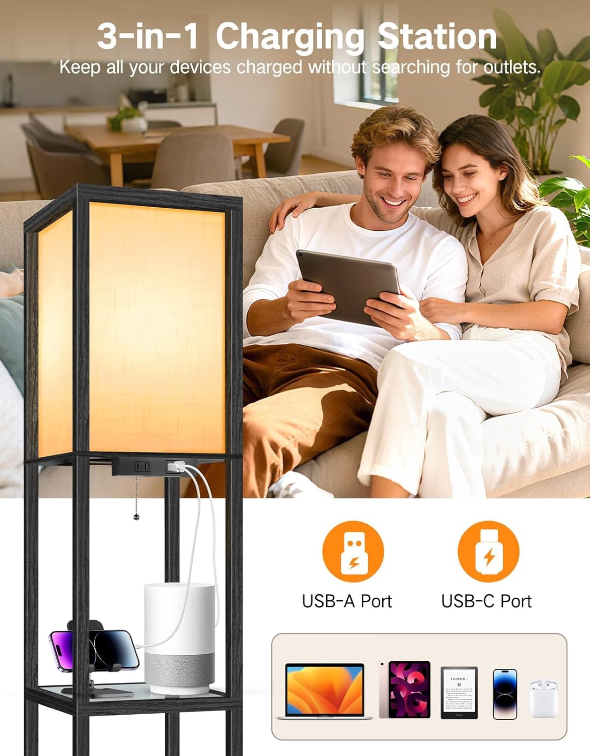 Floor Lamp with Shelves LED Dimmable Remote USB Storage Column Light Black