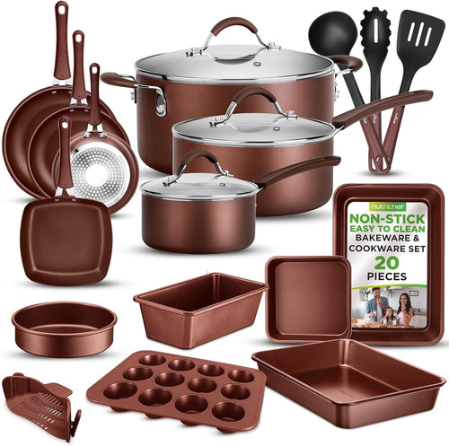 20pcs Brown Non Stick Cookware & Bakeware Set Induction Safe Pots Pans with Lids