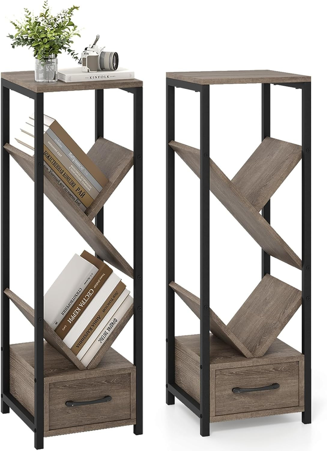 Set of 2 Industrial 4-Tier Tree Bookshelves with Drawers & Display Storage Units