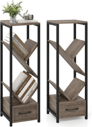 Set of 2 Industrial 4-Tier Tree Bookshelves with Drawers & Display Storage Units