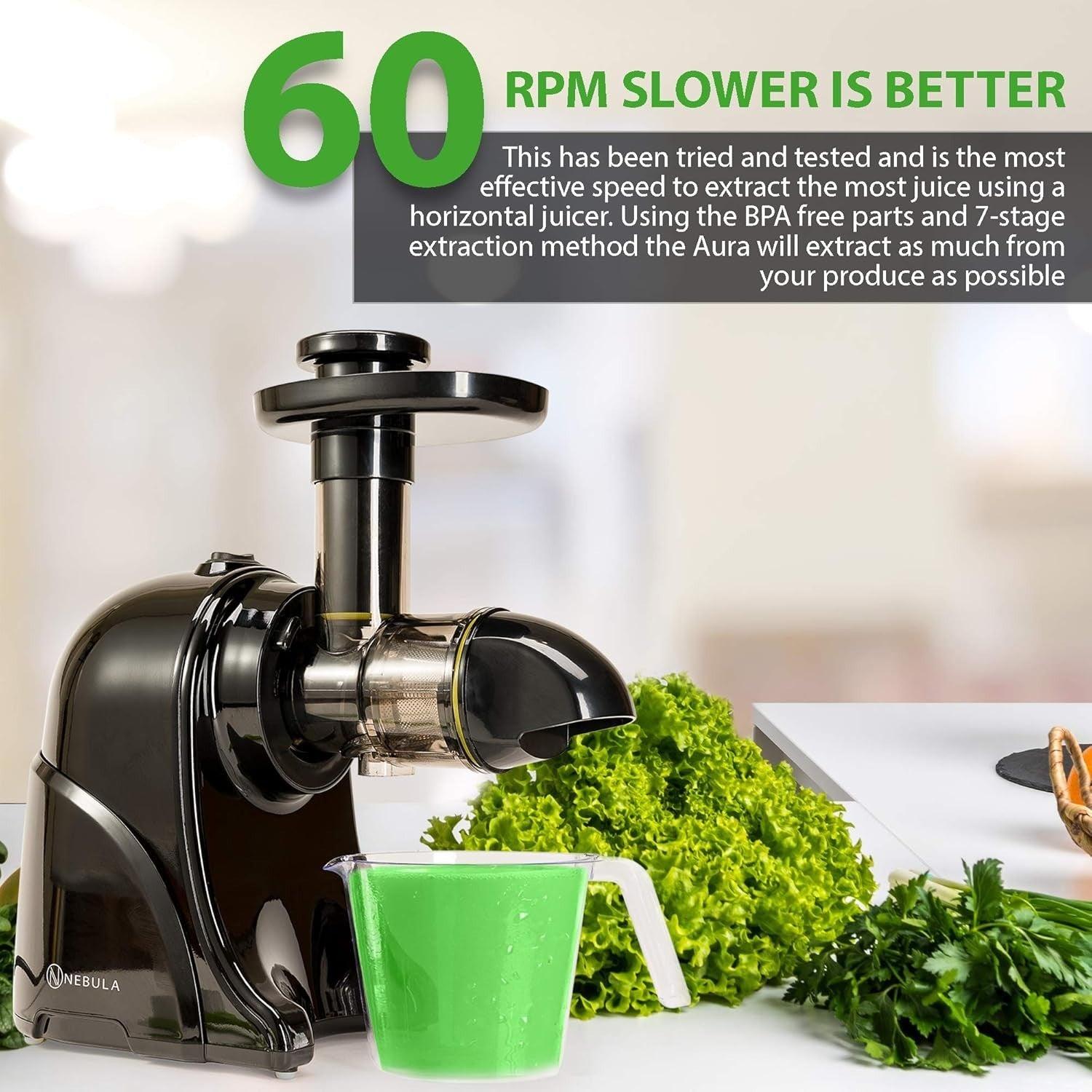 Cold Press Horizontal Juicer 60RPM 7 Stage Extraction Ultra Quiet Easy Clean