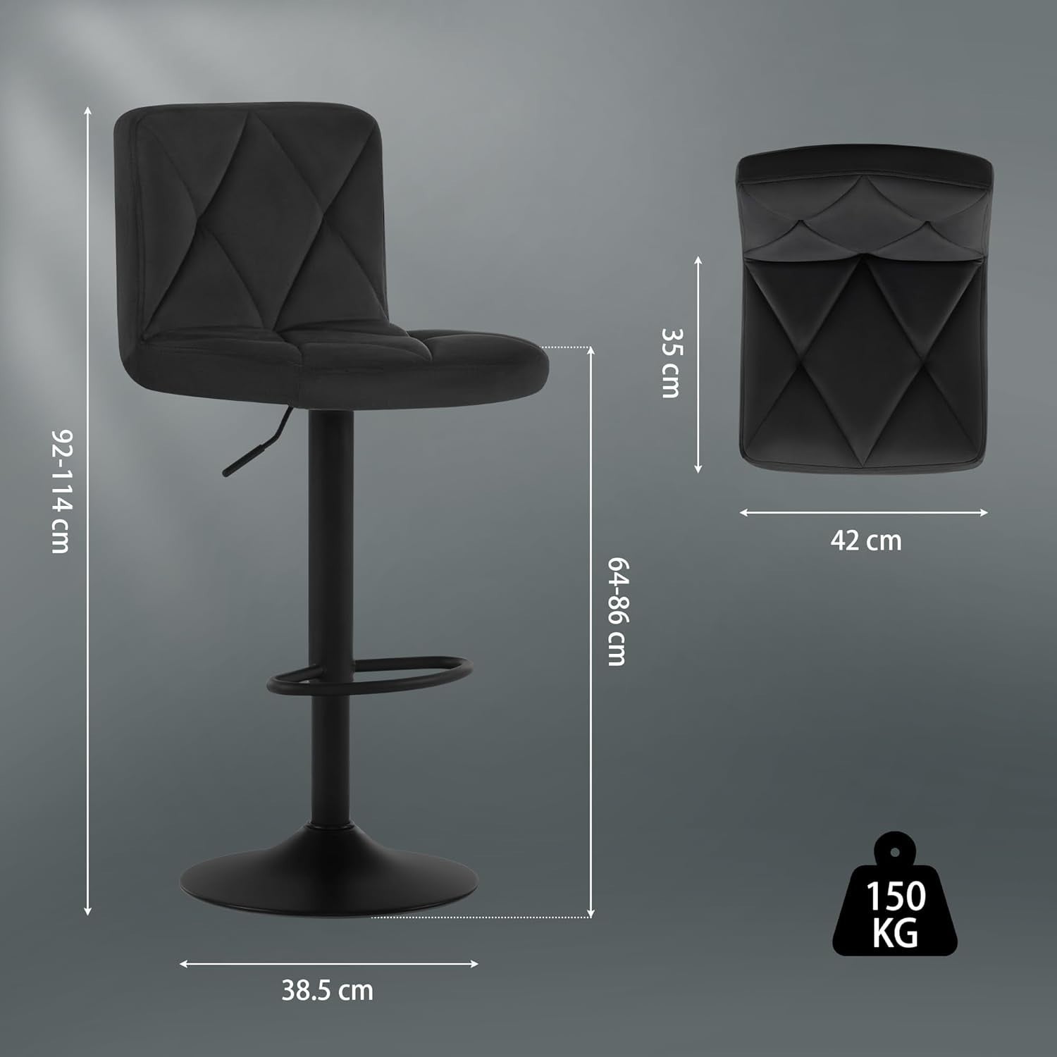Set of 2 Black Velvet Bar Stools Square Seat Swivel & Adjustable 60-80cm