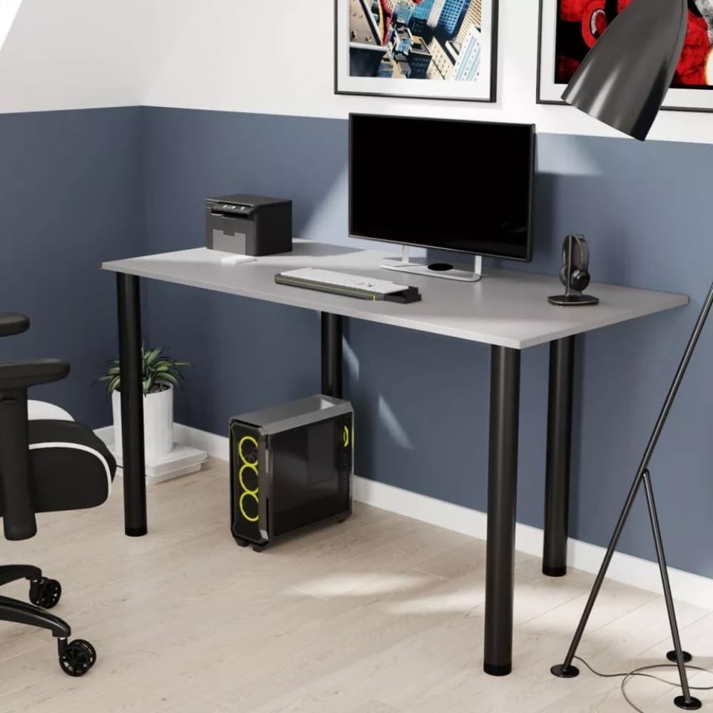 Real Wood Gaming Desk Adjustable Height 120x60cm Modern Metal Frame Grey