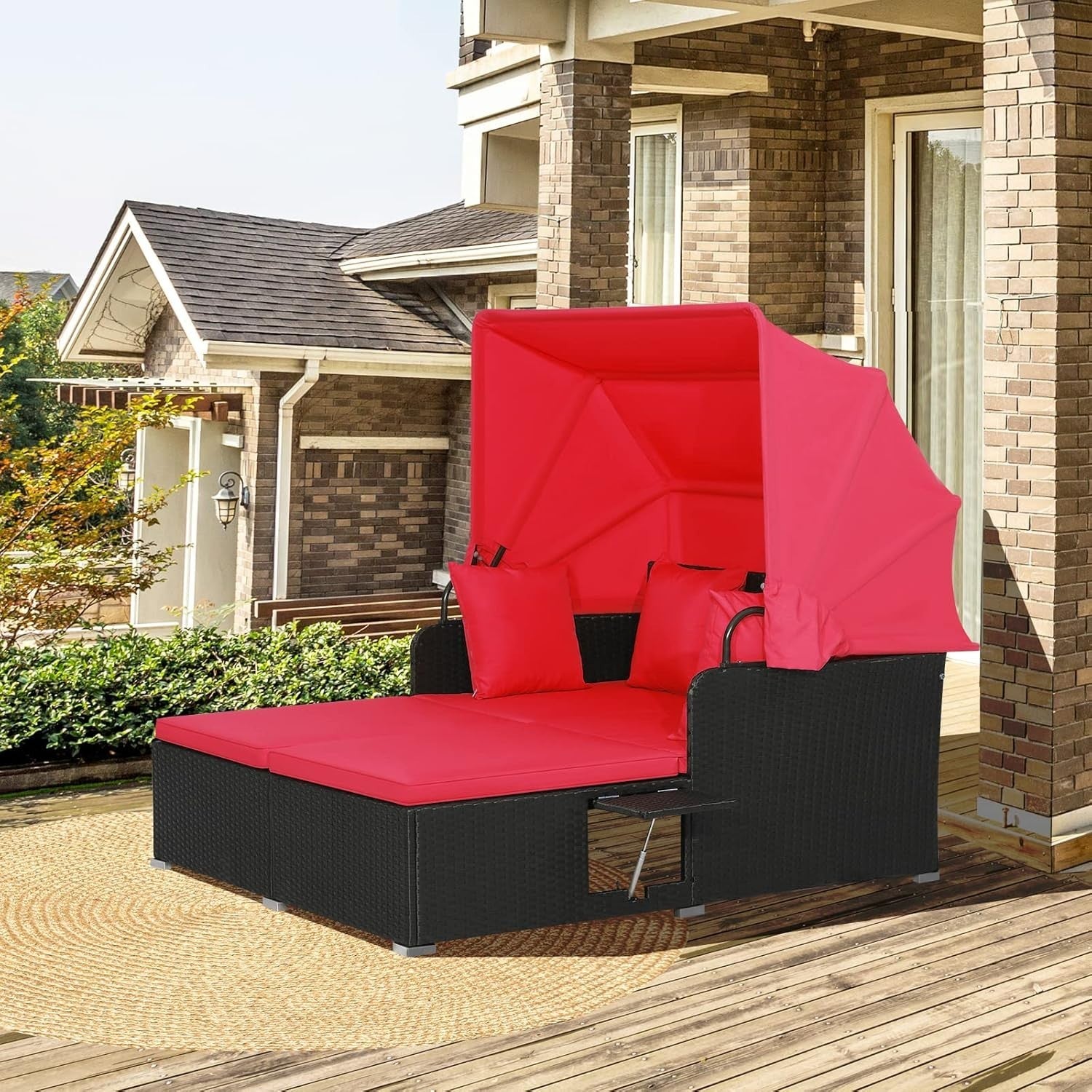 Red 2-Seater Rattan Outdoor Daybed with Retractable Canopy, Cushions & Tables