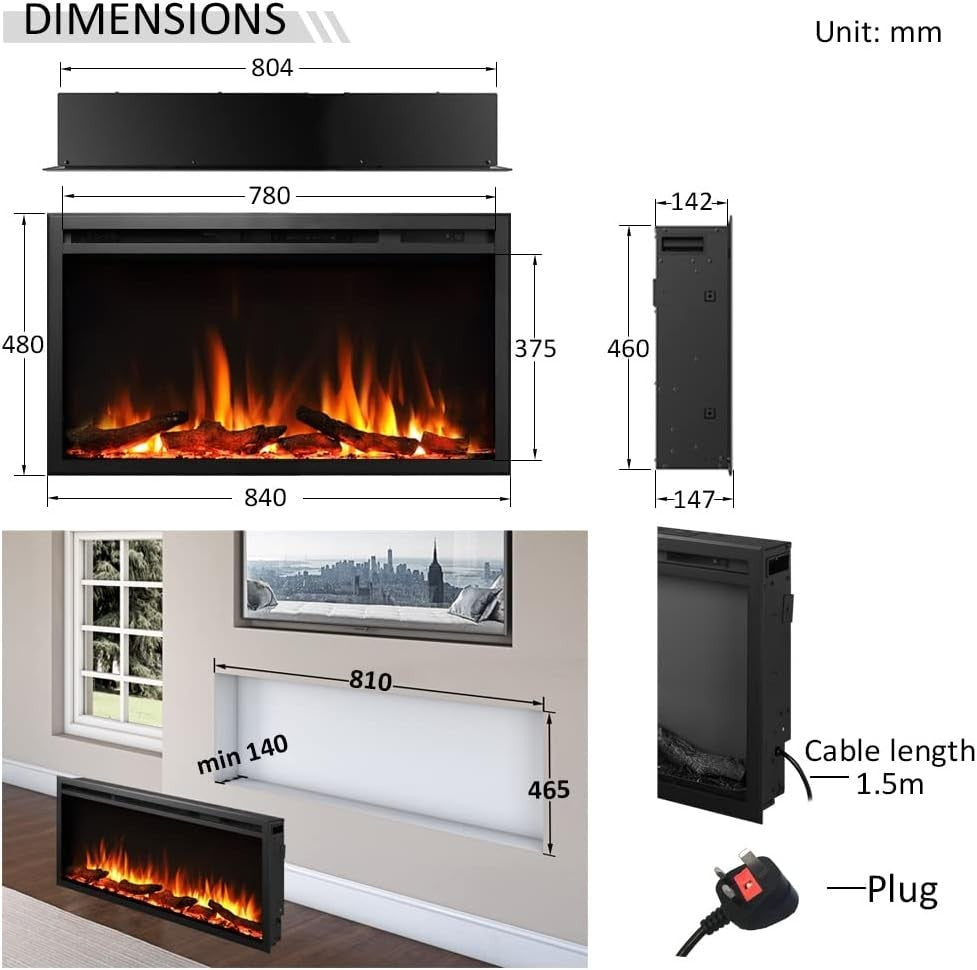 33” Slim Recessed Electric Fireplace Media Wall Heater Multi Flame Remote