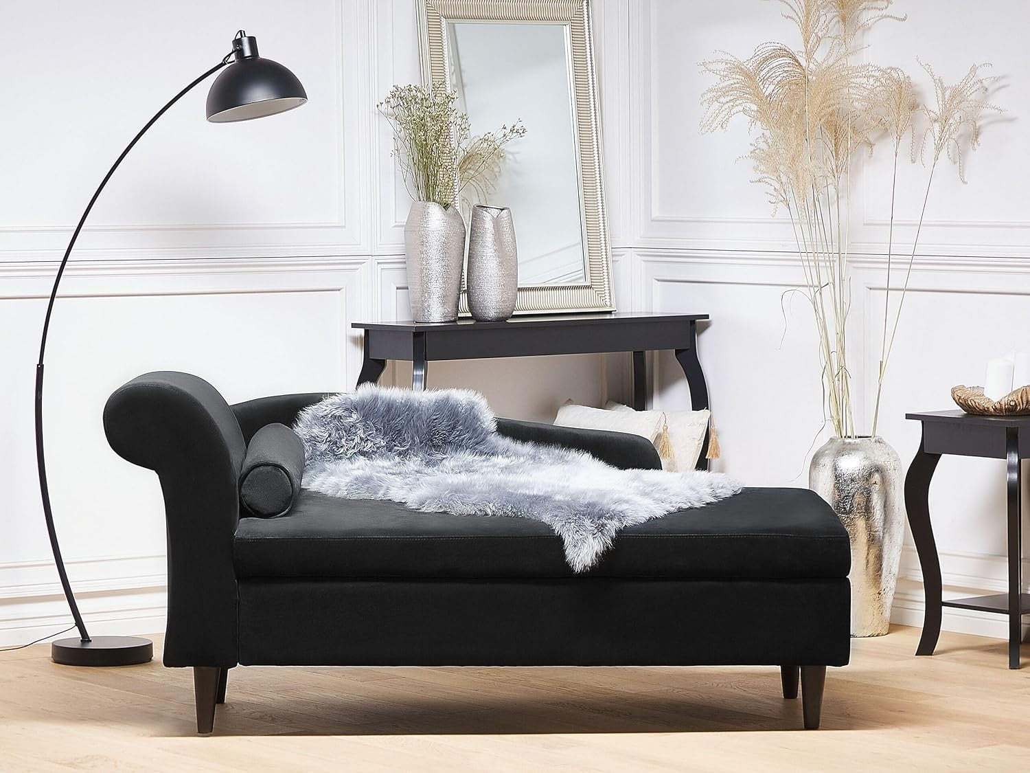 Black Velvet Left Hand Chaise Lounge with Storage Solid Wood Legs Comfort
