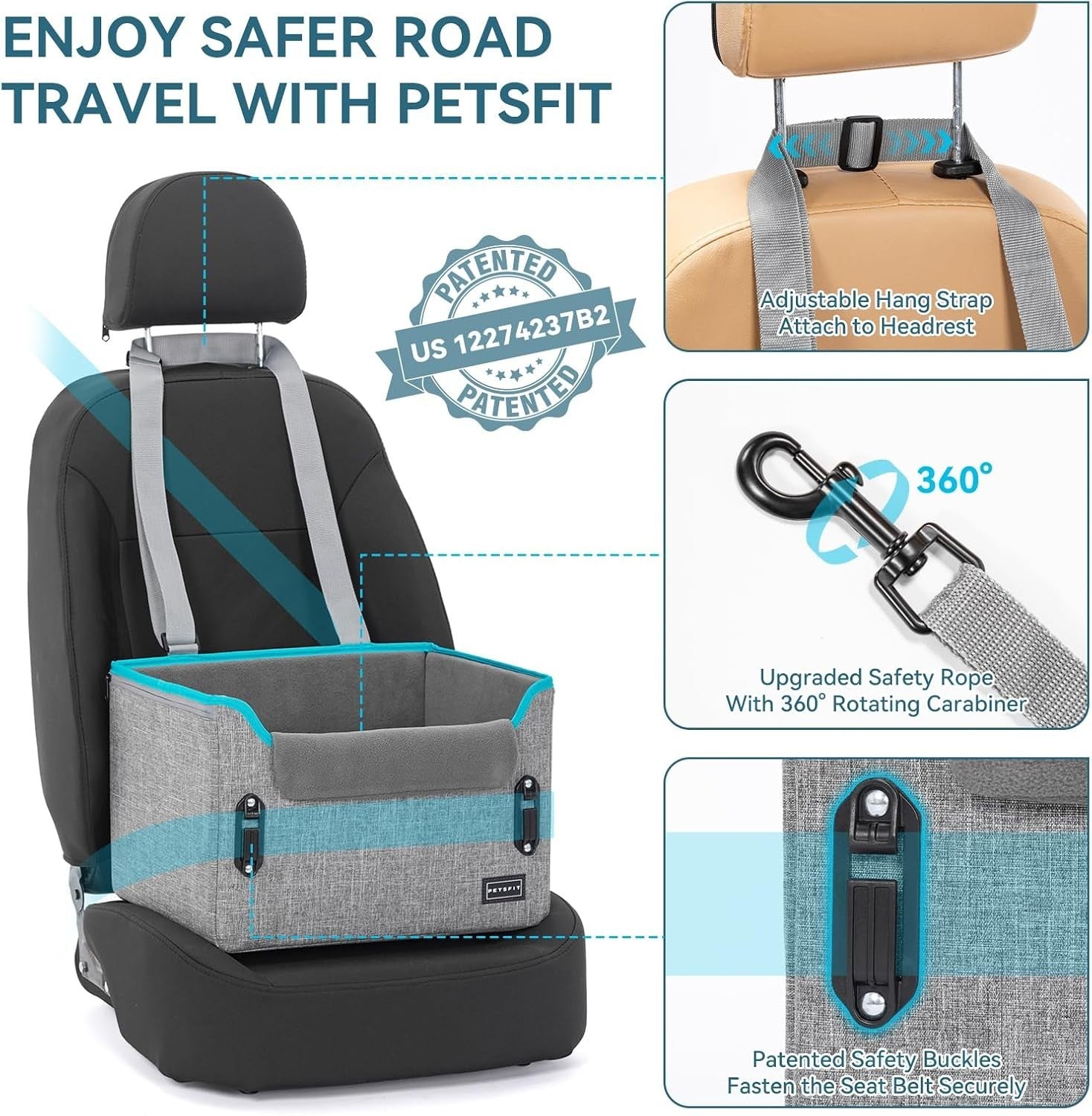 Dog Booster Car Seat Adjustable Height Travel Bed Safety Leash 25lb
