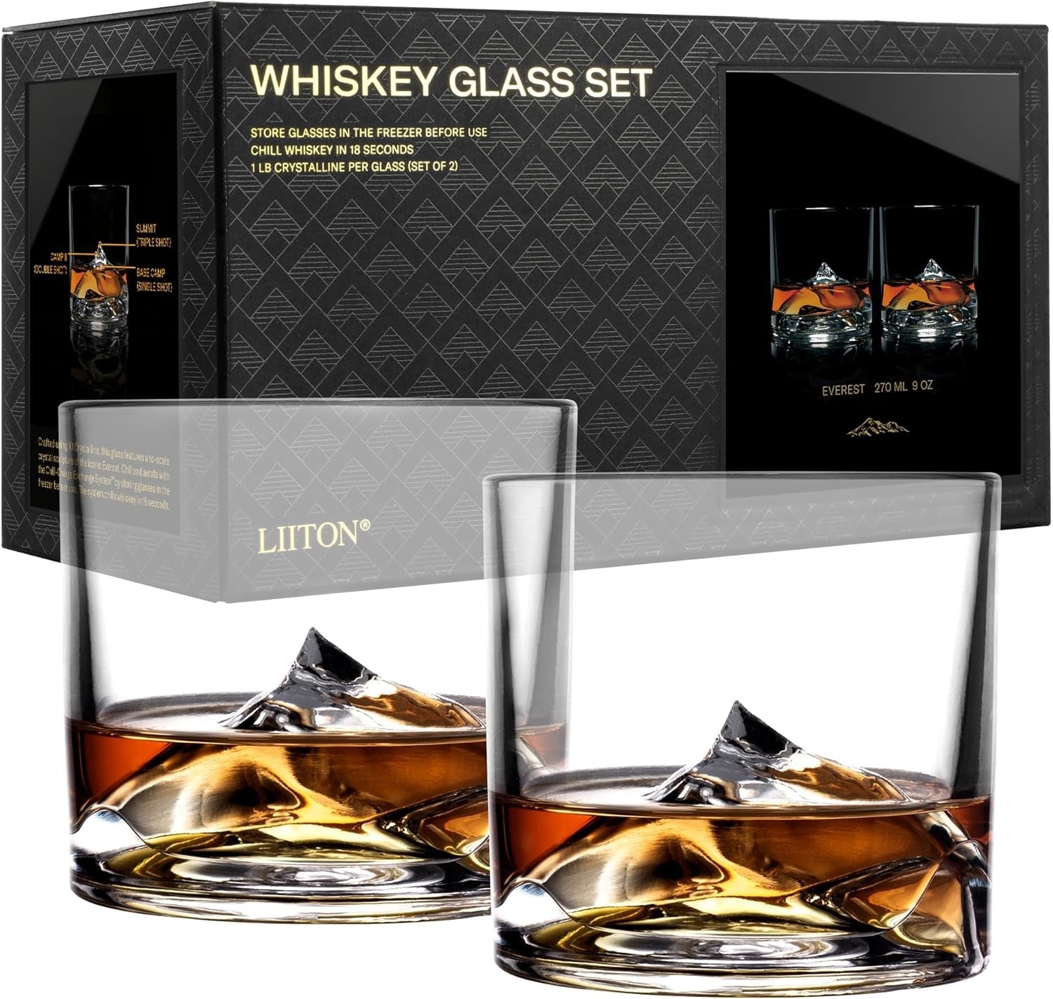 Everest Mountain Whiskey Glasses Set of 2 – 270ml Freeze-Chill Crystal Tumblers