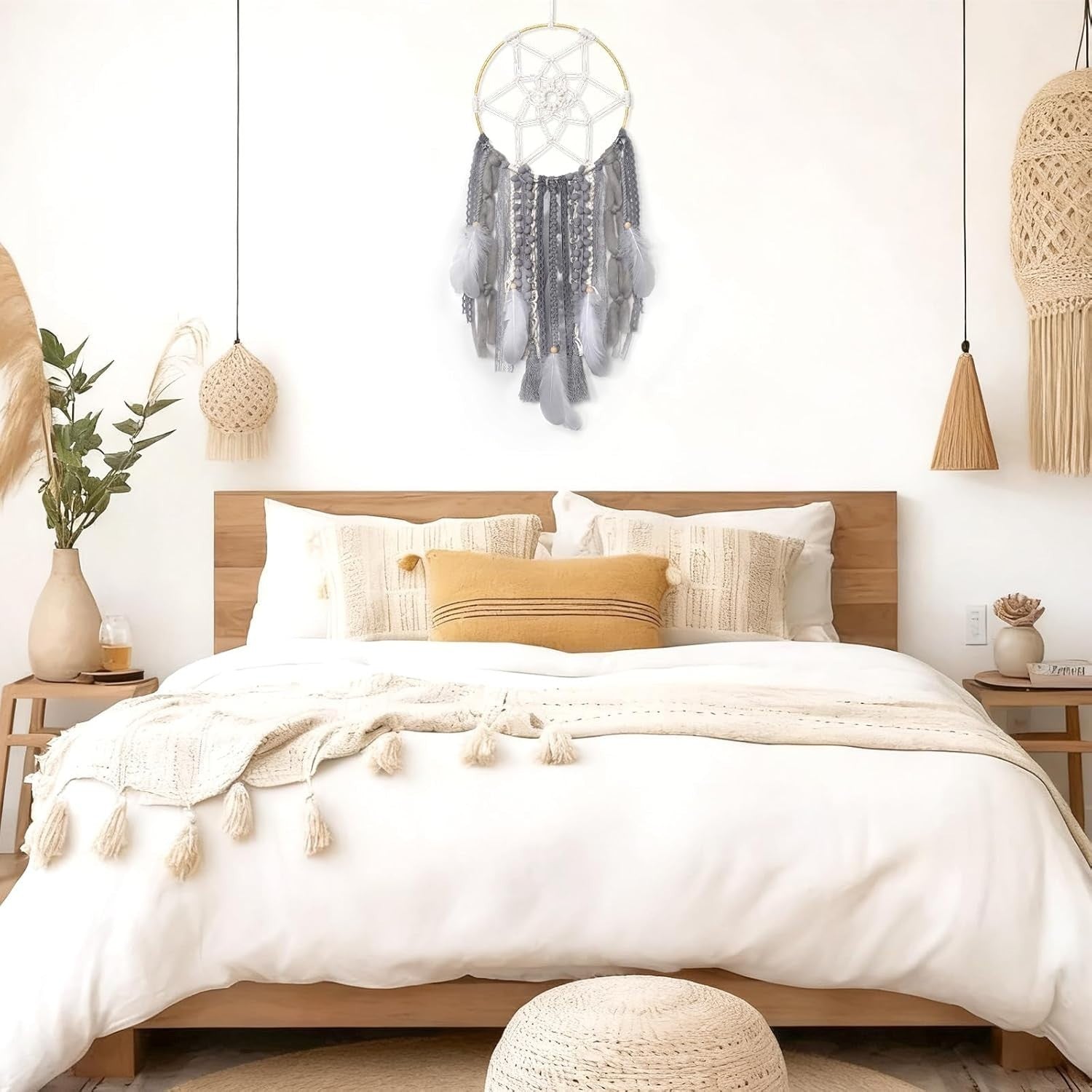 Boho Dream Catcher 64cm Woven Grey Feather Wall Hanging Decor