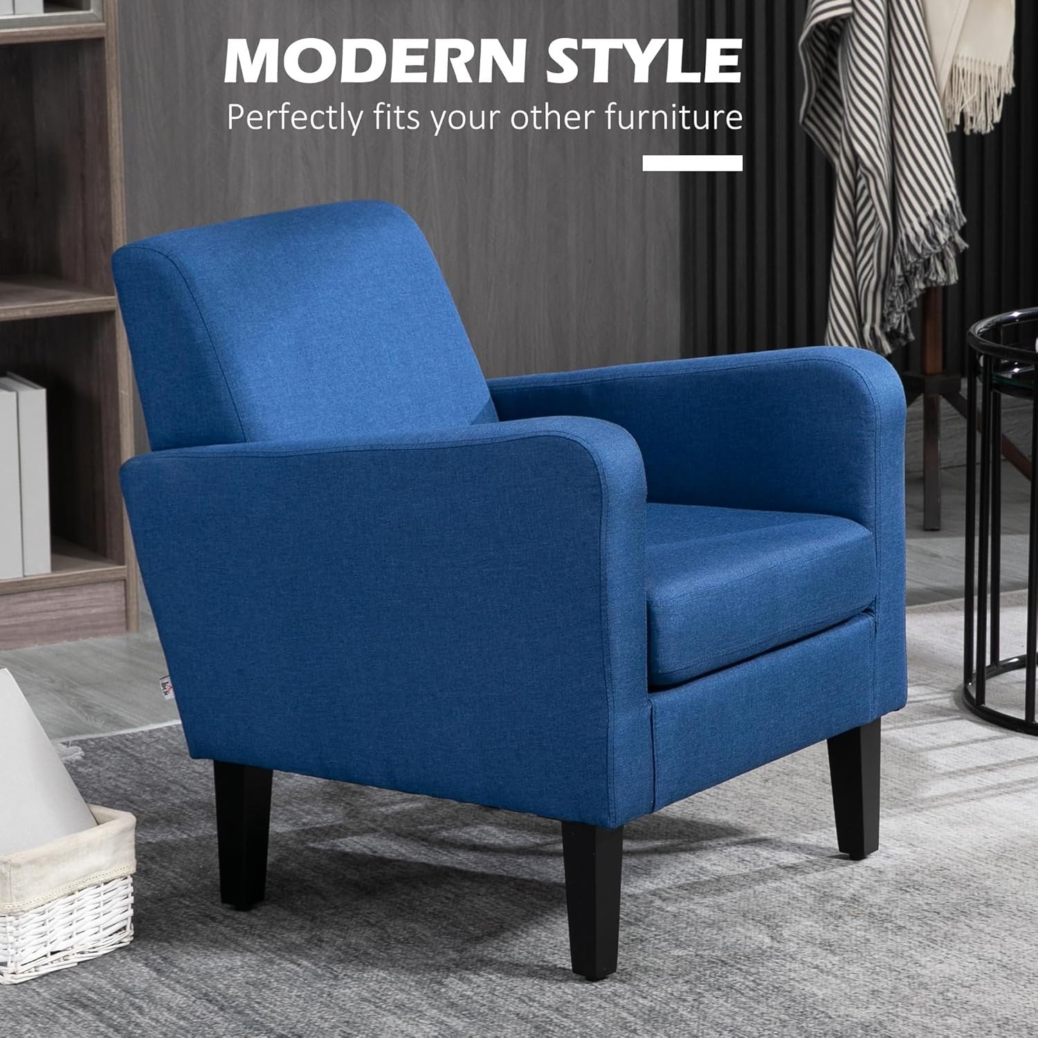 Modern Linen Accent Armchair Spring Seat Wood Legs Blue