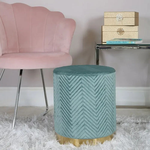 Velvet Round Mint Green Footstool | Gold Base Ottoman Accent Seat Stool