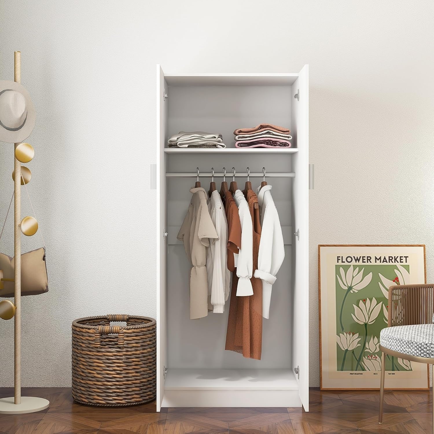 White 2 Door Wardrobe with Hanging Rail & Storage Shelf for Small Rooms