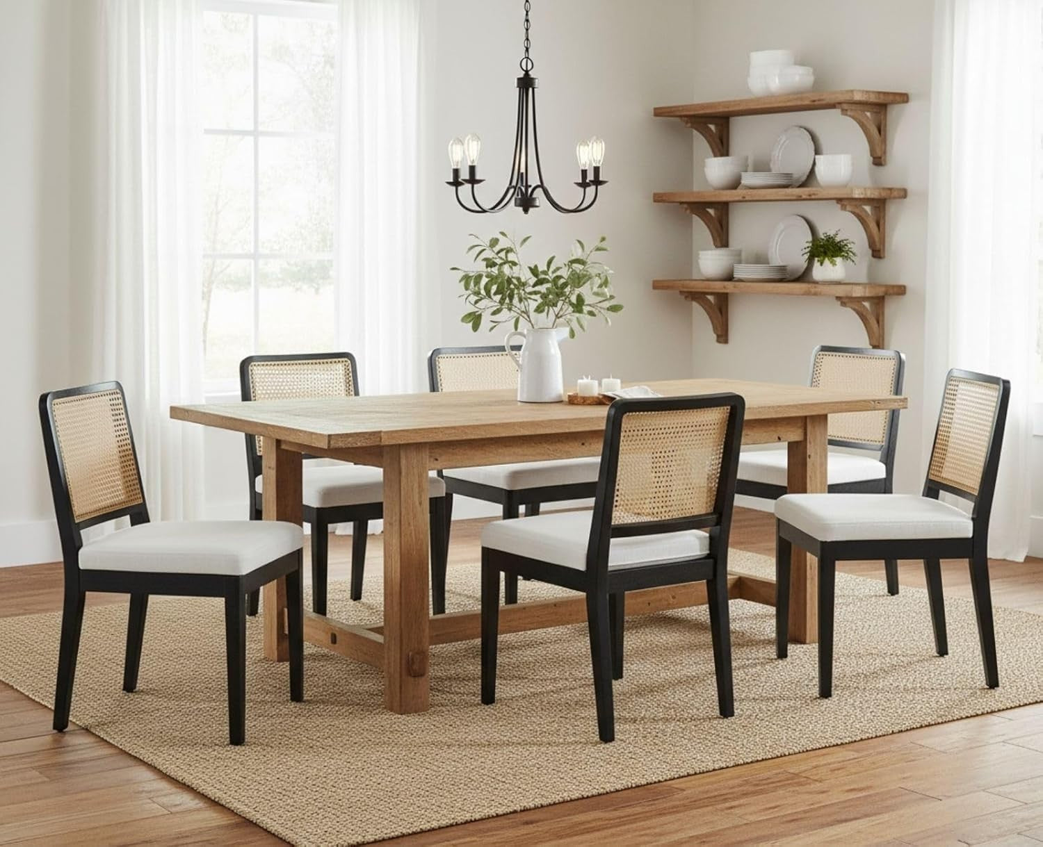Black Rattan Dining Chairs Set of 4 Upholstered Mid Century Solid Wood Seats