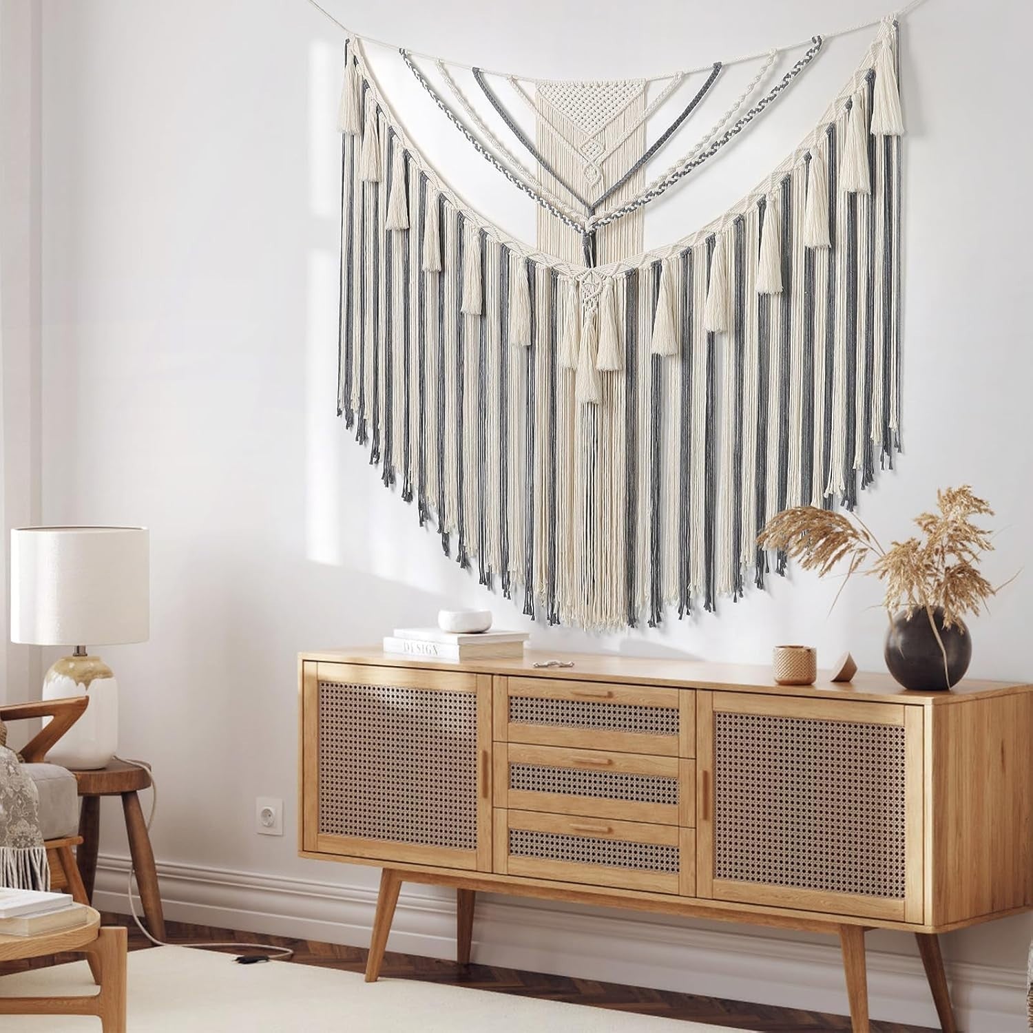 Large Grey Boho Macrame Wall Hanging 43"x35" Geometric Decor