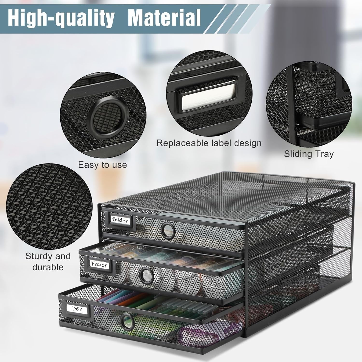3-Tier Desk Organizer with Drawer | Mesh Metal File & Paper Storage, A4