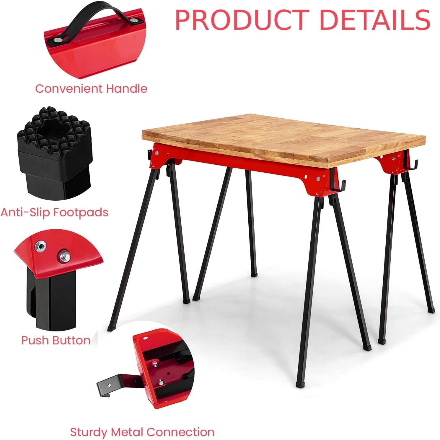 Red Folding Sawhorses 2-Pack Heavy Duty Steel 227kg Support Arms & Grip Top