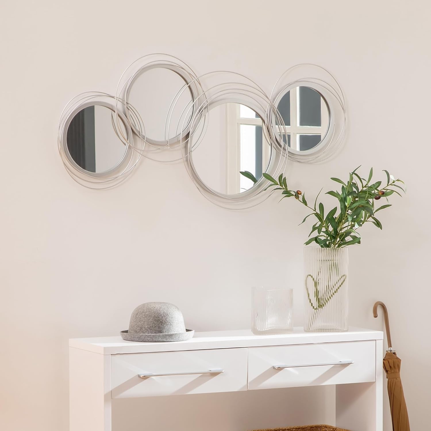 Large Silver Wall Mirror 107cm Modern Metal Circle Decor