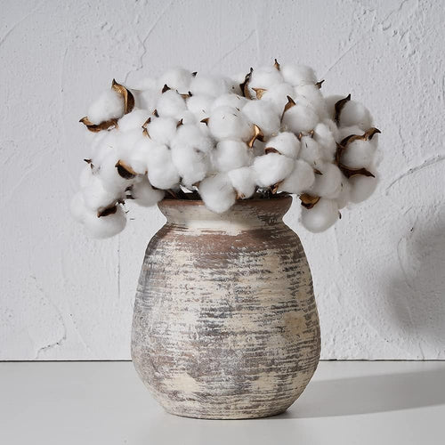 Rustic Terracotta Flower Vase 7.3in Whitewashed Ceramic Farmhouse Décor
