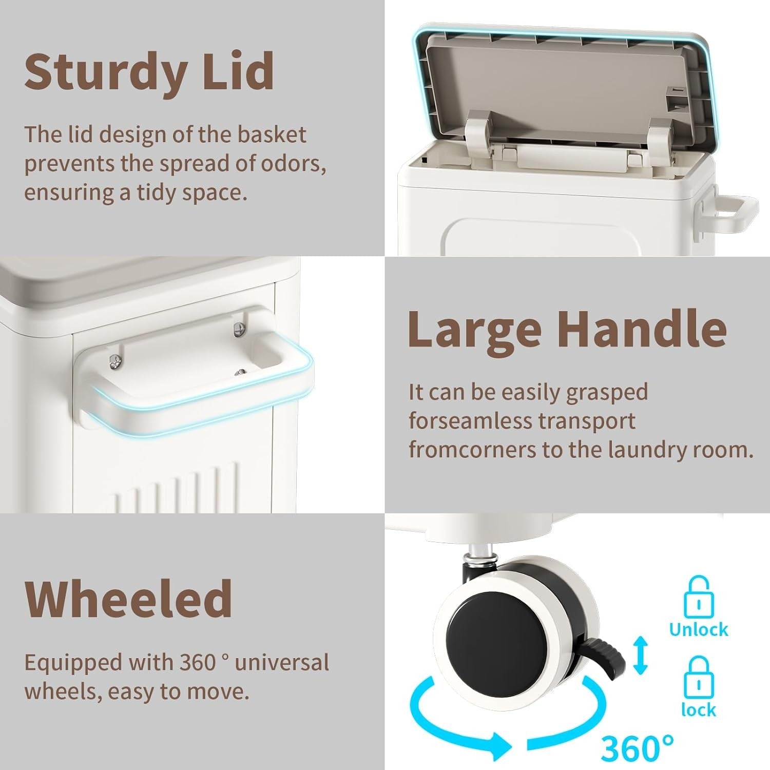 2-Pack 50L Slim Laundry Baskets with Lid & Wheels | Narrow Rolling Hampers Set